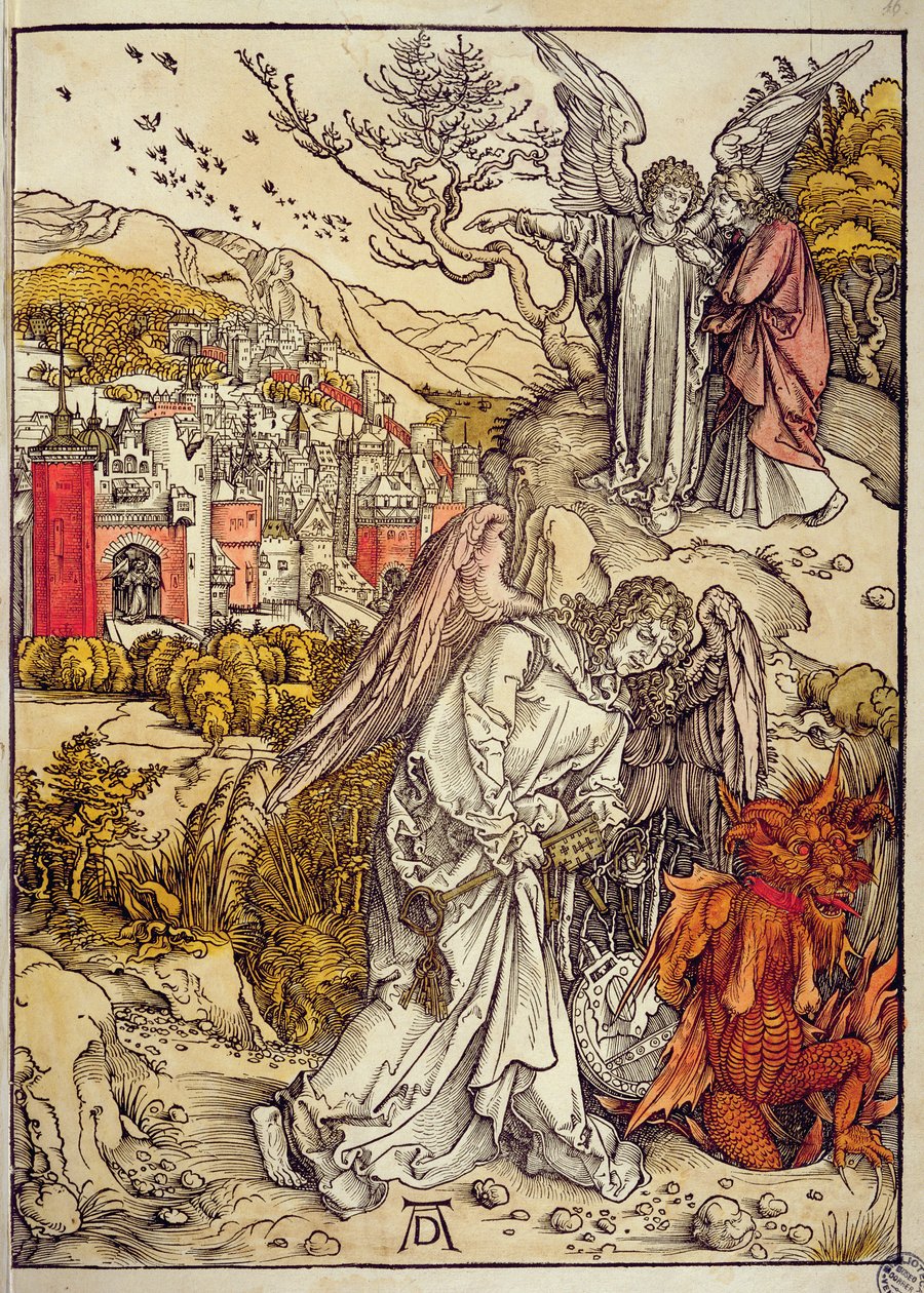 Ängel med avgrundens nyckel, 1498 (träsnitt i färg) av Albrecht Dürer