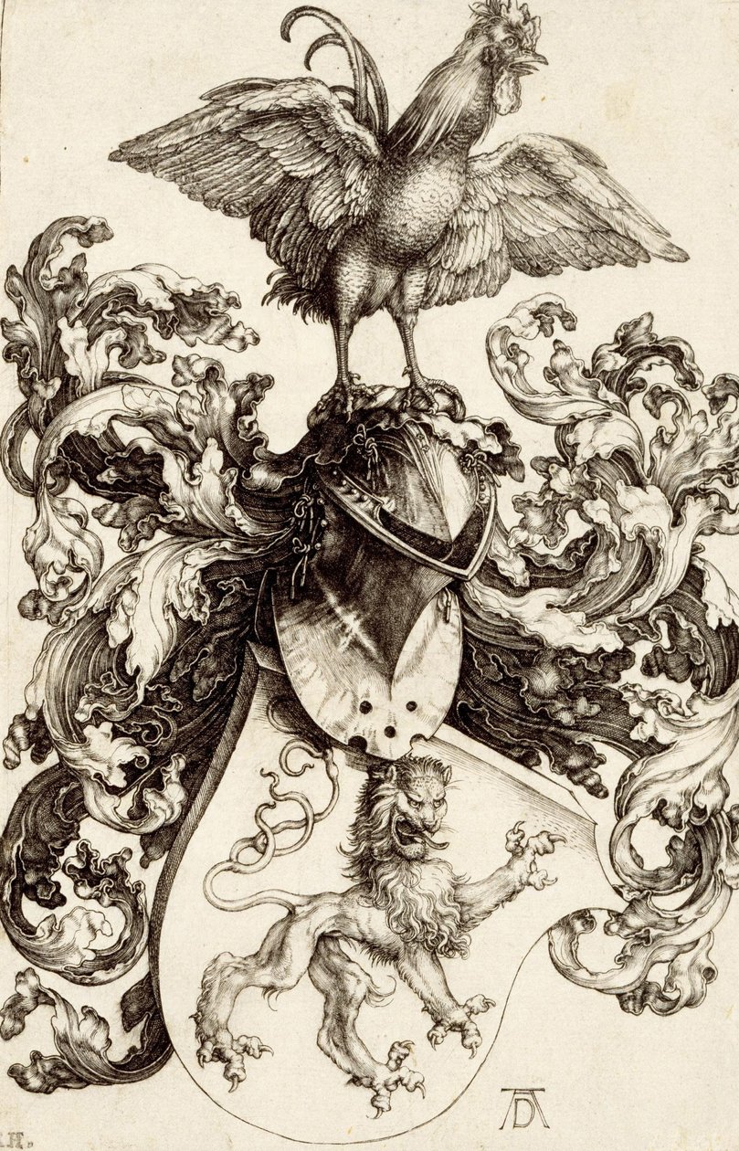 Vapensköld med ett lejon och en kuk av Albrecht Dürer