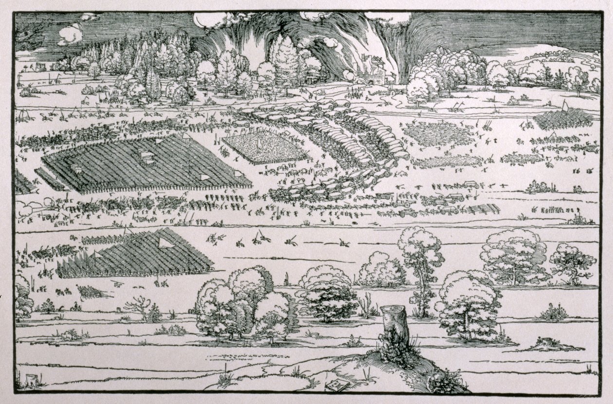 Demonstration av en försvarsåtgärd för att skydda en stad mot en belägrande armé, höger detalj av en tavla från "Teaching about the Fortification of Towns, Castles and Places", pub. 1527 (träsnitt) (s av Albrecht Dürer