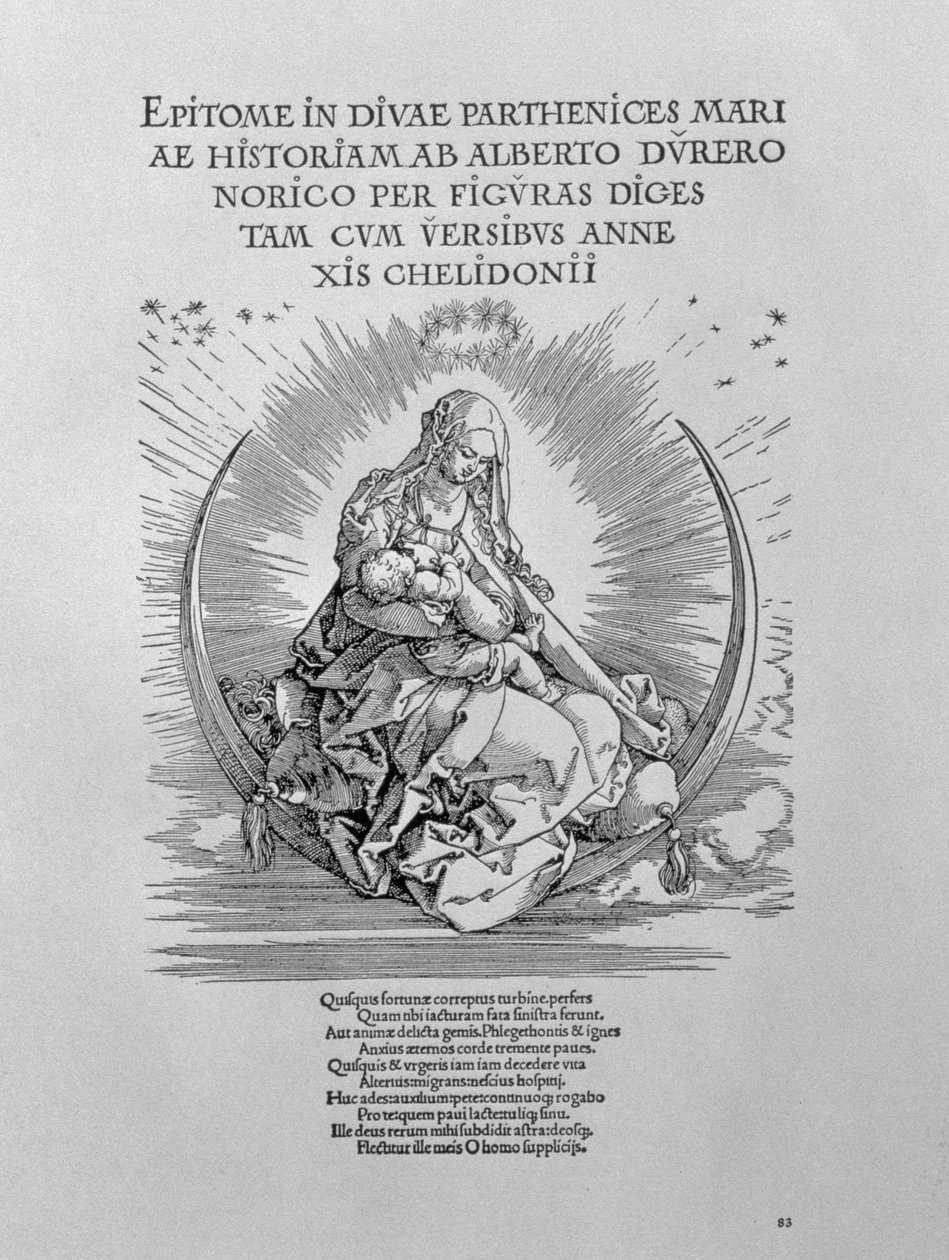 Madonna som ammande mamma och gudomlig varelse, titelsida till serien "The Life of the Virgin", pub. 1511 av Albrecht Dürer