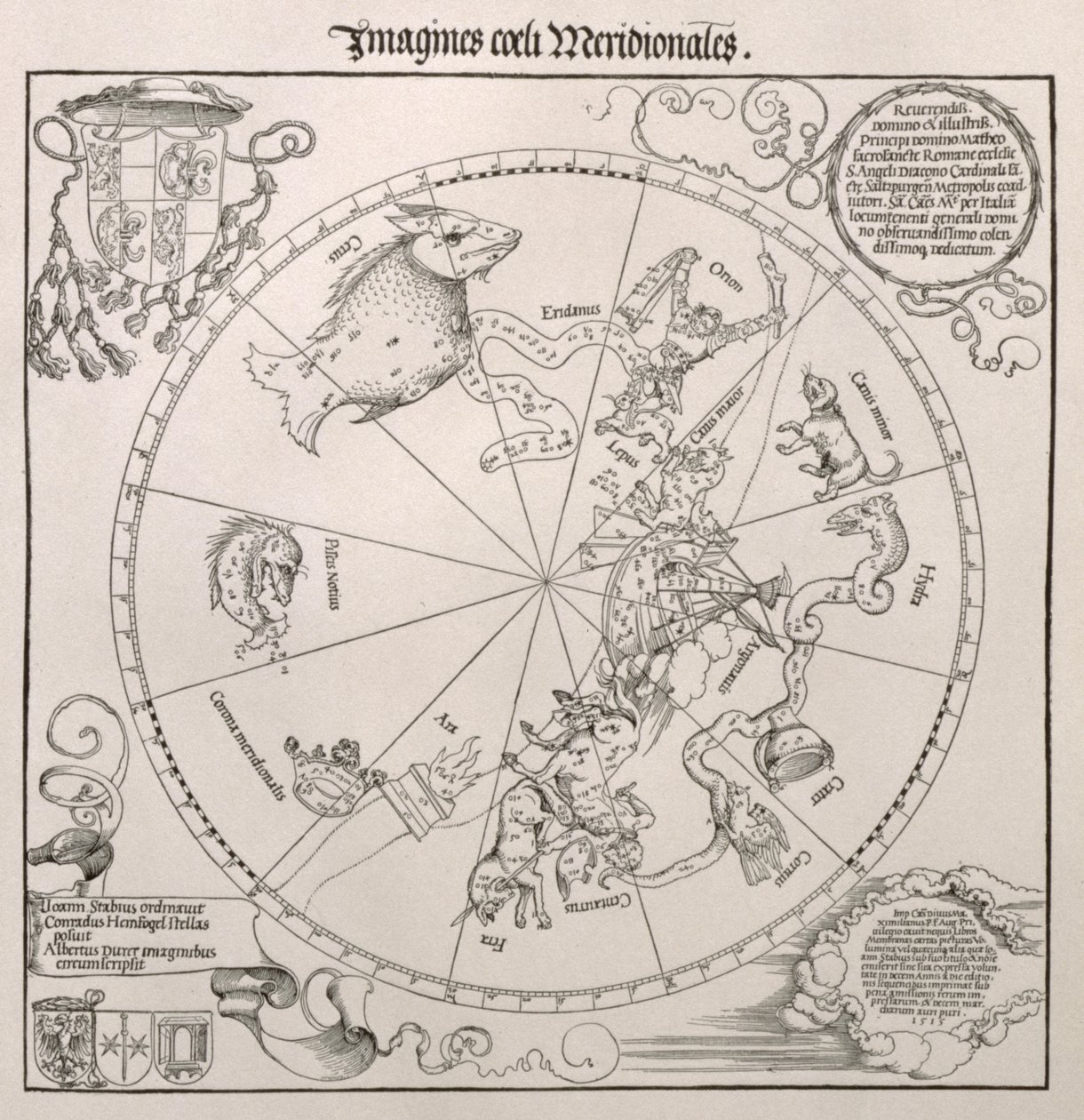 Kort over den sydlige himmel, med repræsentationer af stjernebilleder, dekoreret med kardinal Lang von Wellenburgs emblem og en dedikation til ham med hans våbenskjolde og den kejserlige ophavsret, 15swed av Albrecht Dürer