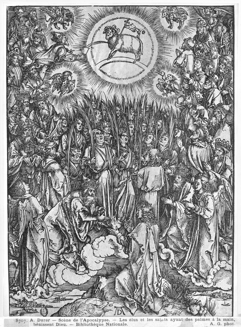 Scen från Apokalypsen, Tillbedjan av lammet, tysk upplaga, 1498 av Albrecht Dürer