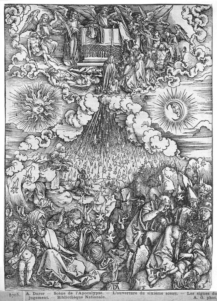 Scen från apokalypsen, öppnandet av det femte och sjätte inseglet, latinsk upplaga, 1511 av Albrecht Dürer