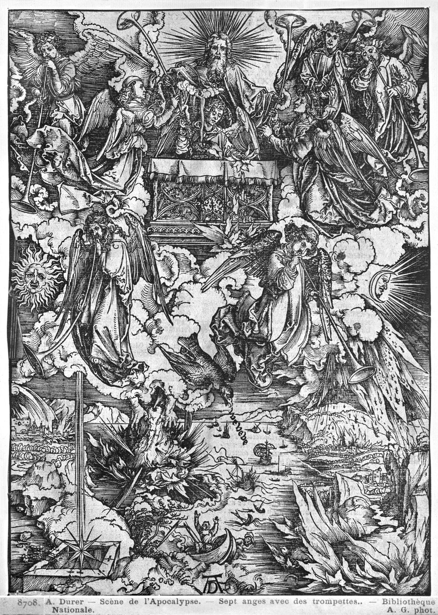 Scen från Apokalypsen, Öppnandet av det sjunde inseglet, De sju änglarna med trumpeterna, latinsk upplaga, 1511 av Albrecht Dürer