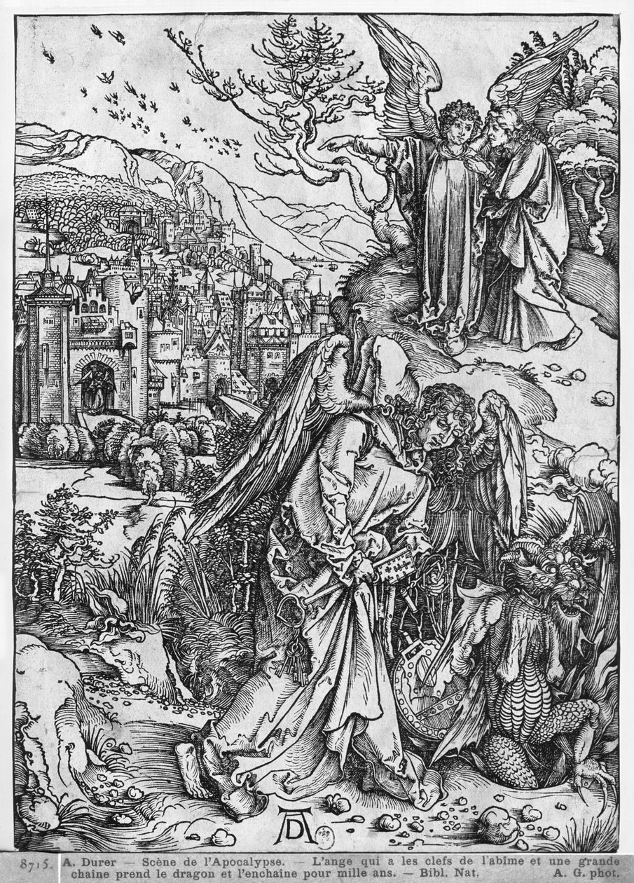 Scen från Apokalypsen, Ängeln som håller nycklarna till avgrunden och en stor kedja i sin hand och kedjar fast draken i tusen år, latinsk utgåva, 1511 av Albrecht Dürer