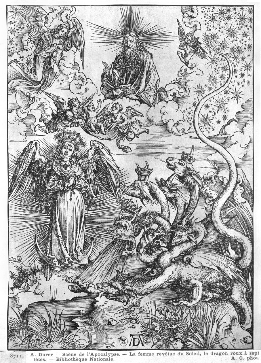 Scen från Apokalypsen, Kvinnan klädd i solen och den sjuhövdade draken, latinsk utgåva, 1511 av Albrecht Dürer