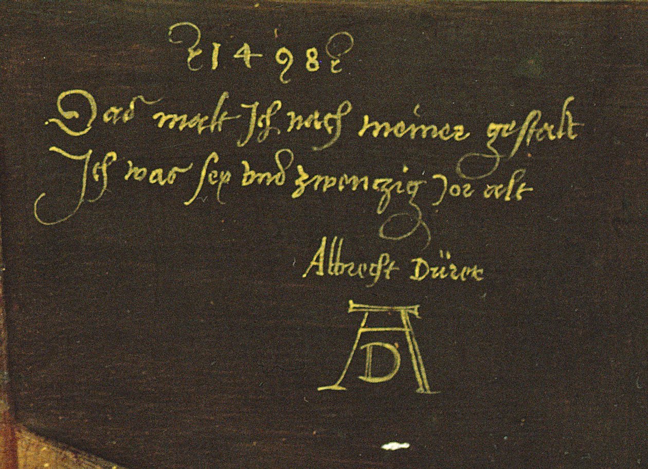 Självporträtt med handskar, detalj av signatur, 1498 (detalj av 545) av Albrecht Dürer