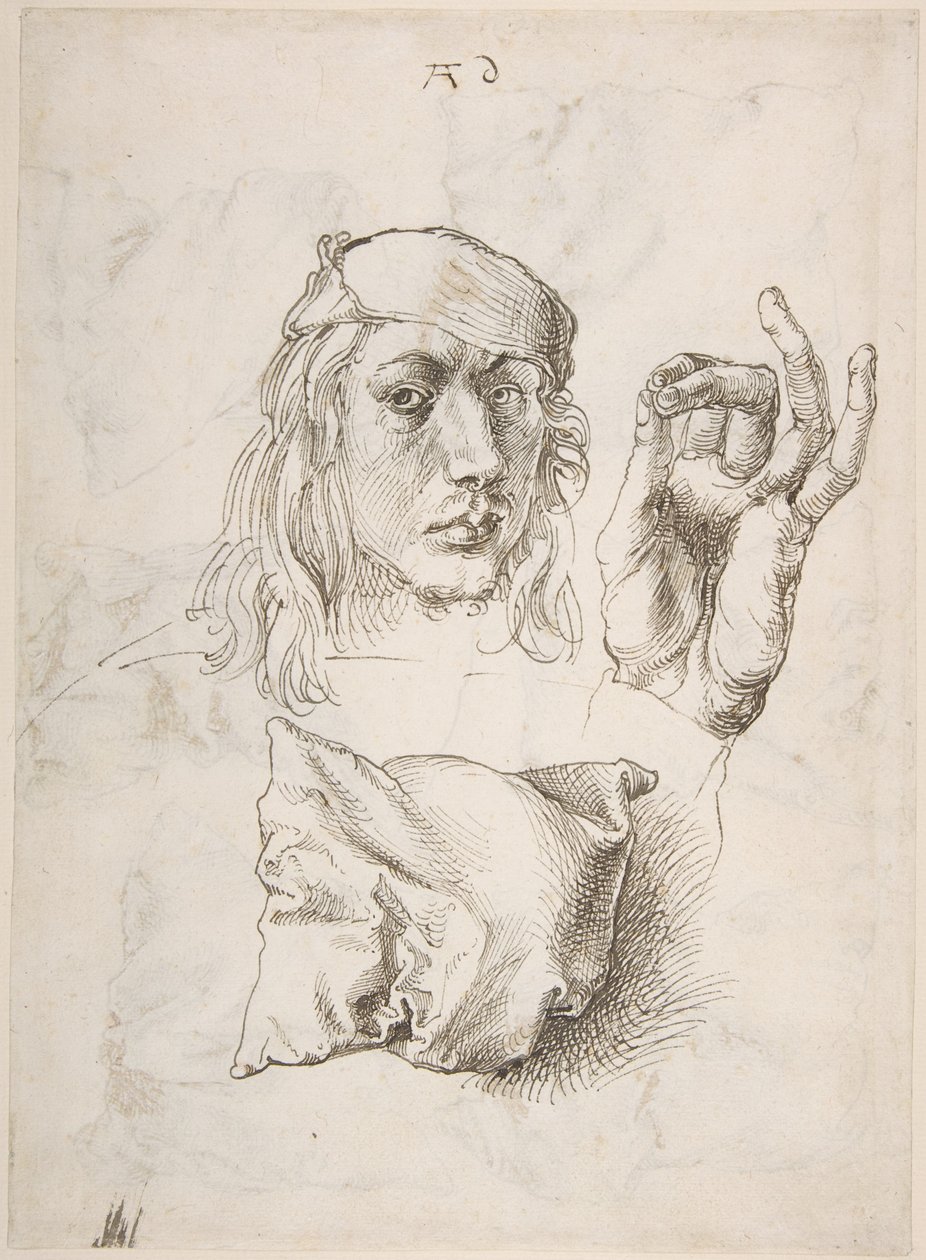 Självporträtt, studie av en hand och en kudde av Albrecht Dürer