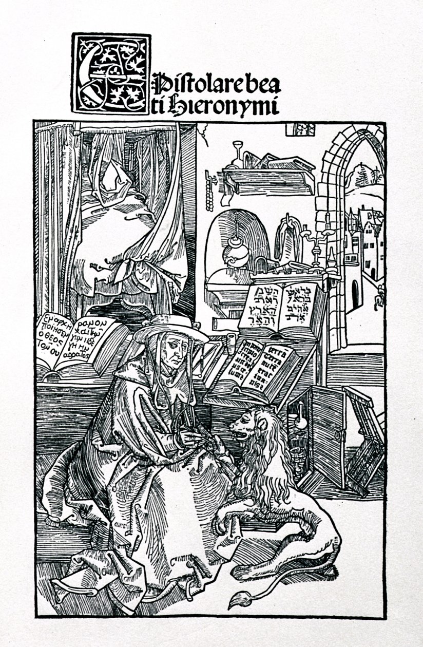 St. Hieronymus i sitt arbetsrum drar en tagg från ett lejontass, frontispice till en samling av St. Hieronymus brev, pub. 1492 av Albrecht Dürer