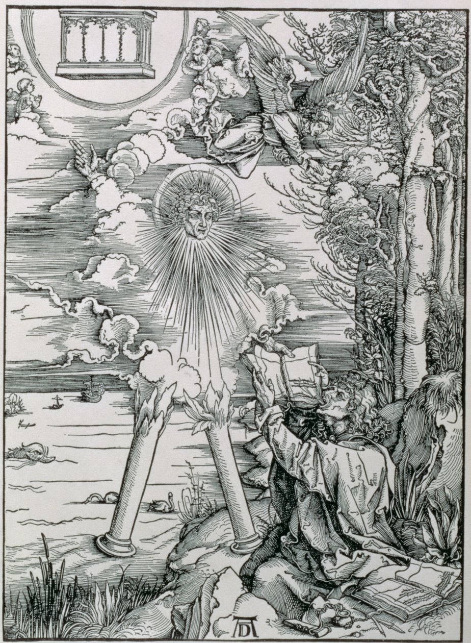 St John som slukar boken från "Apokalypsen" eller "uppenbarelserna av St John the Divine", pub. 1498 av Albrecht Dürer