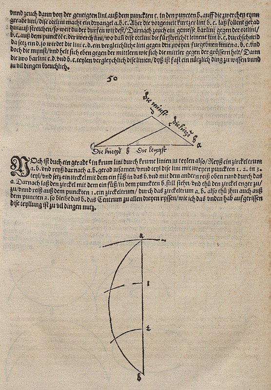 Teilung einer Strecke in einem durch zwei andere Strecken gegebenen Verhältnis und Versuch der Dreiteilung av Albrecht Dürer
