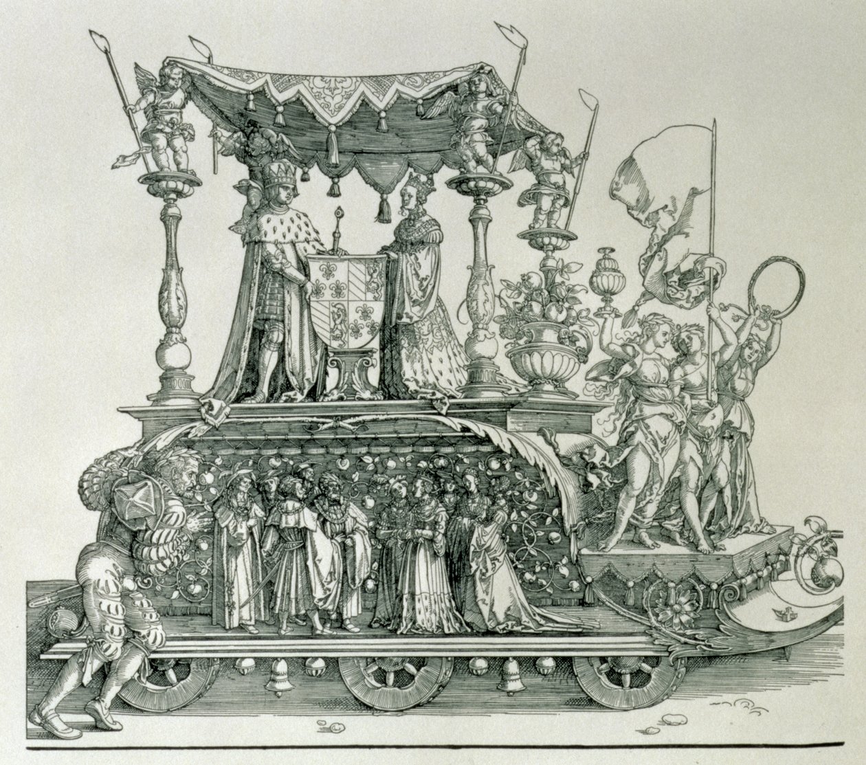 Det burgundiska bröllopet eller triumftåget av kejsar Maximilian I av Tyskland (1459-1519) som visar Maximilian och Maria av Burgunds (1458-82) bröllopsvagn styrd av figuren Vic av Albrecht Dürer