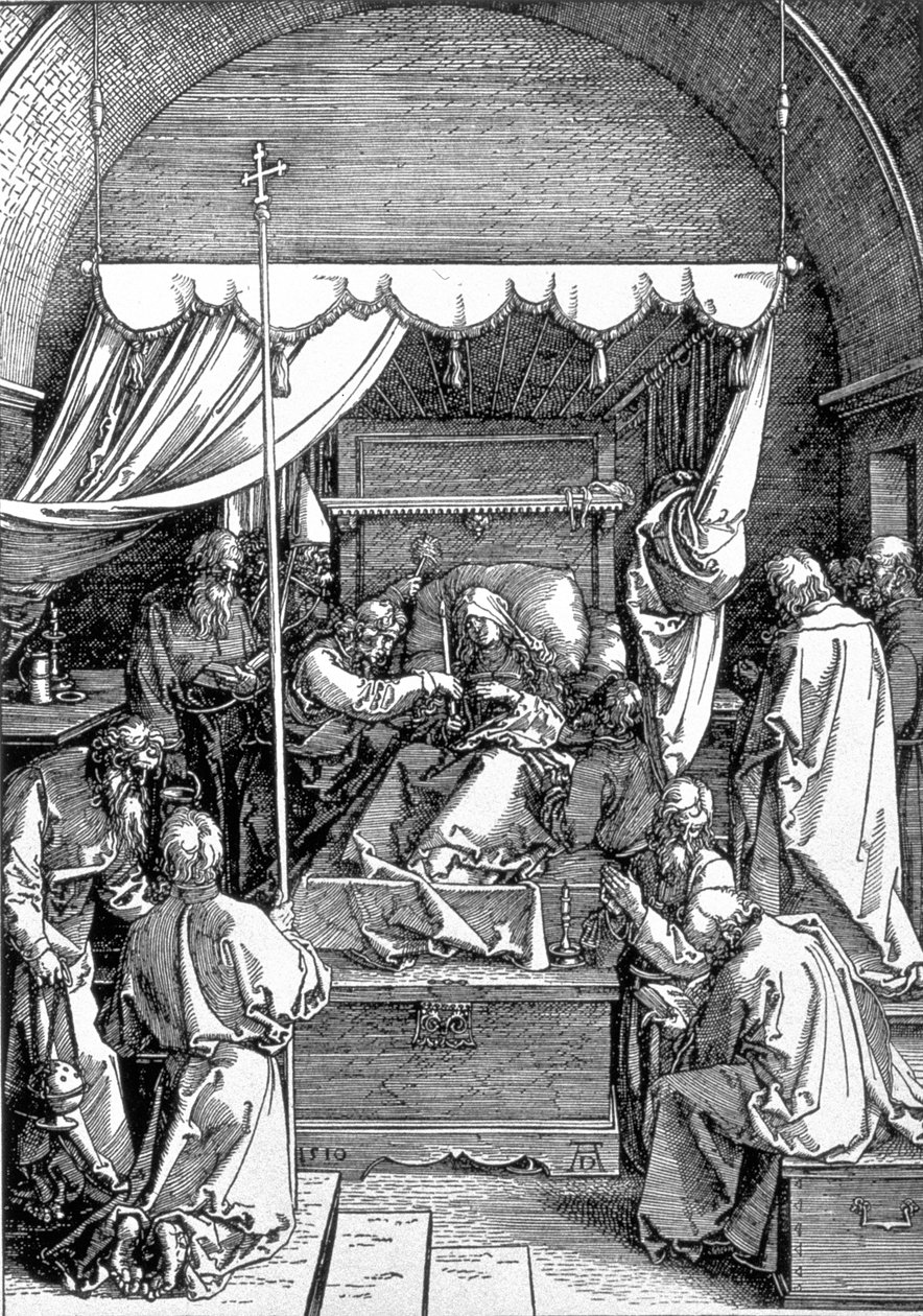 The Death of the Virgin från serien "Life of the Virgin", graverad 1510, pub. 1511 av Albrecht Dürer