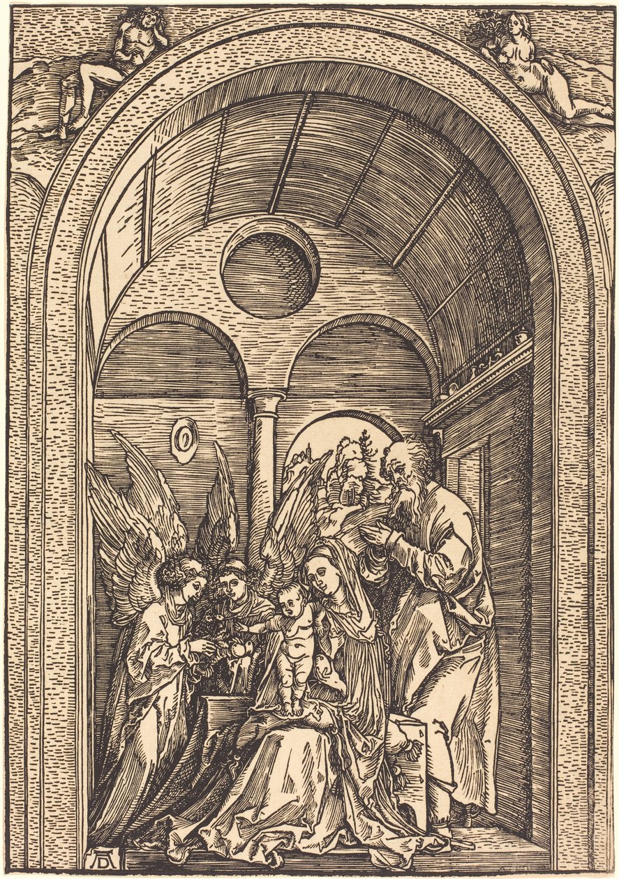 Den heliga familjen med två änglar i en välvt hall av Albrecht Dürer