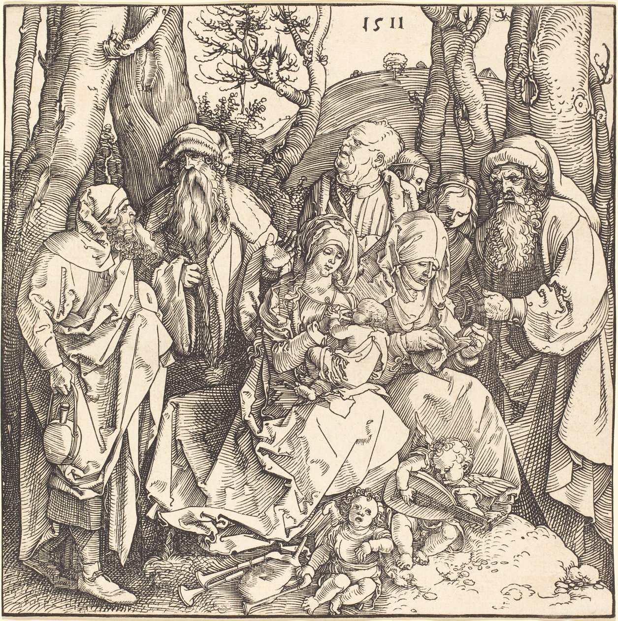 Den heliga familjen med två musik-gör änglar av Albrecht Dürer