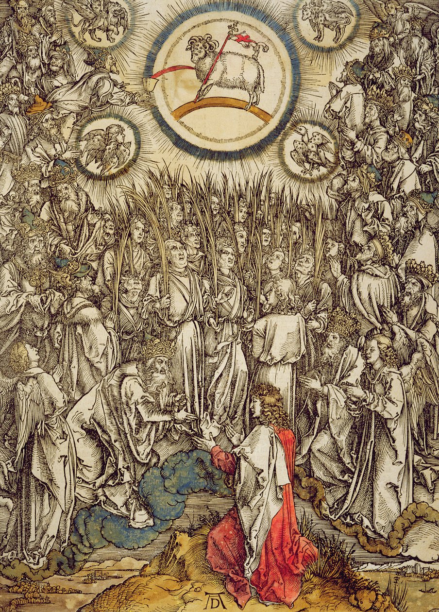 Guds lamm dyker upp på berget Sion, 1498 (träsnitt i färg) av Albrecht Dürer