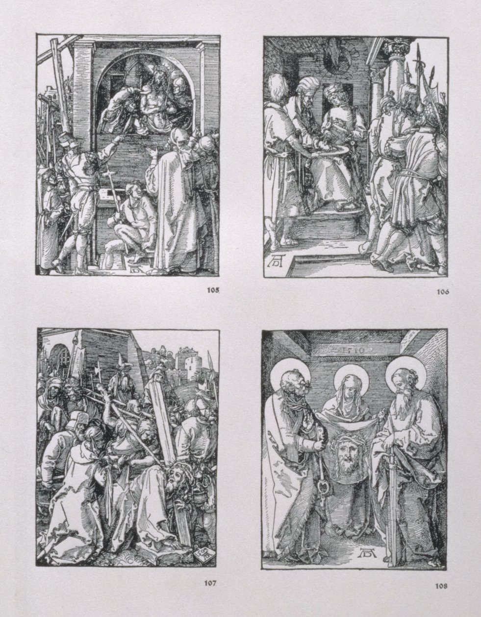 "Small Passion"-serien (medurs): Ecce Homo; Pilatus tvättar sina händer; Kristus som bär korset; St. Veronica med Sudarium mellan SS. Peter och Paul, daterad 1510, pub. 1511 av Albrecht Dürer
