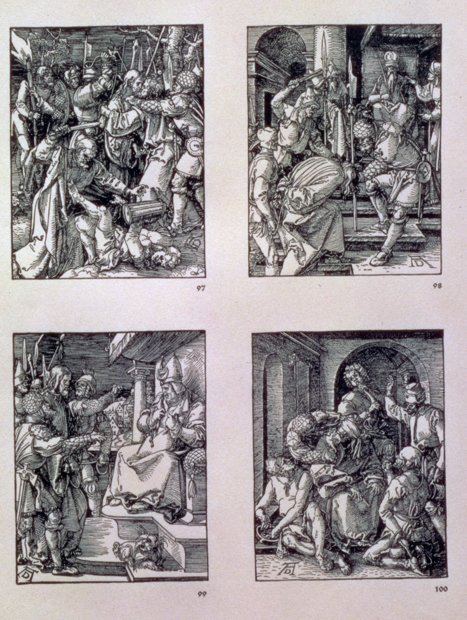 "Small Passion"-serien (medsols): The Betrayal of Christ; Kristus före Annas; Kristus före Kaifas; The Mocking of Christ, pub. 1511 av Albrecht Dürer
