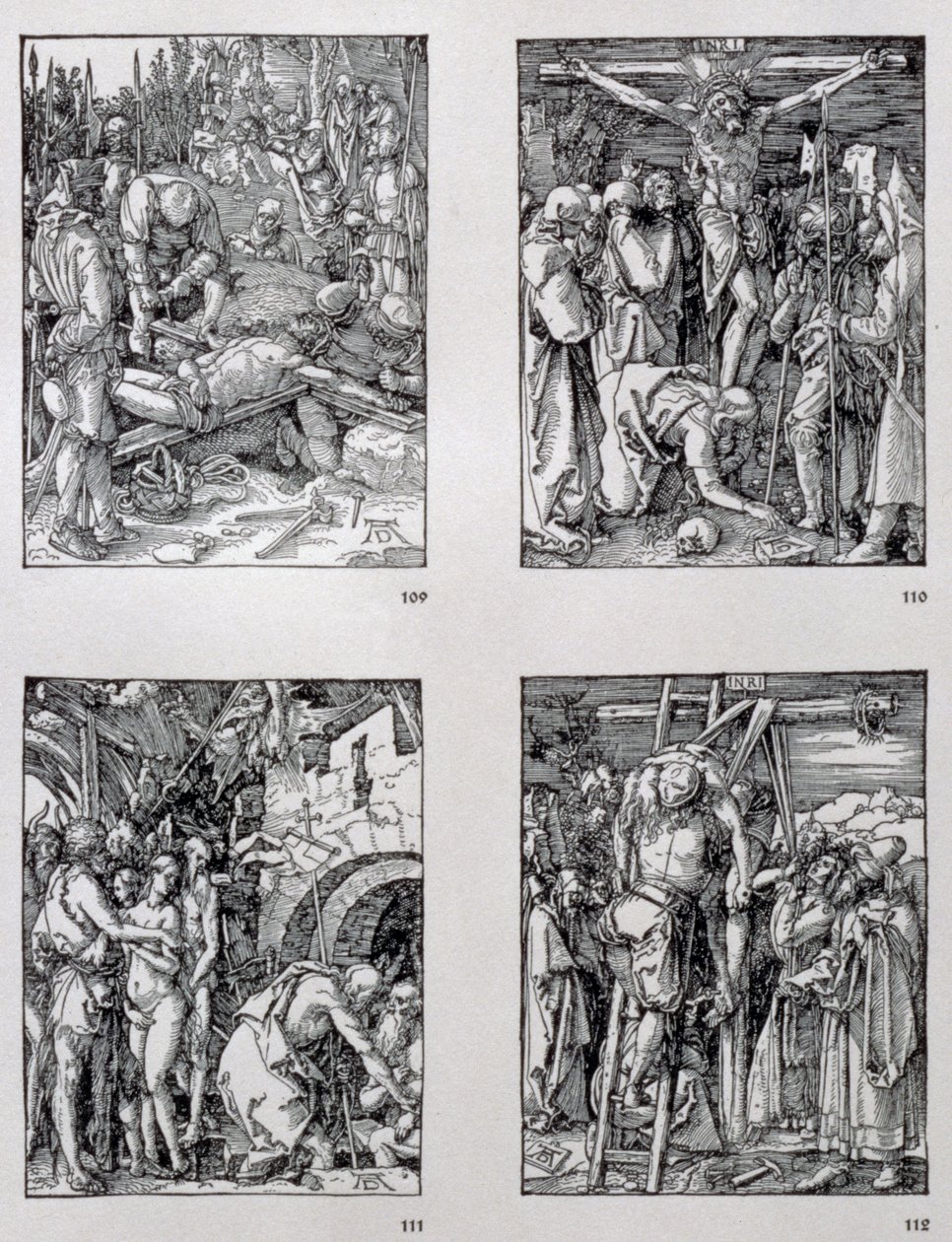"Small Passion"-serien (medsols) The Nailing to the Cross; Korsfästelse; Kristus i Limbo; Nedstigningen från korset, pub. 1511 av Albrecht Dürer