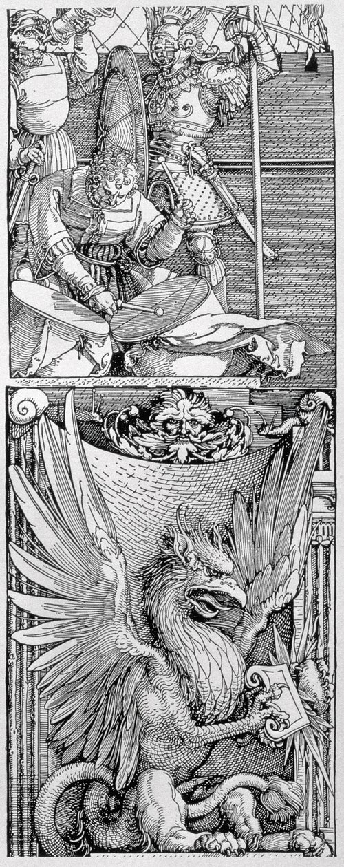Kejsar Maximilians I:s triumfbåge (1459-1519): detalj av pelarutsmyckningen som visar en bevingad griffin under en figur som slår två trummor, en riddare i rustning och en härold, daterad 1515, pub. 151 av Albrecht Dürer