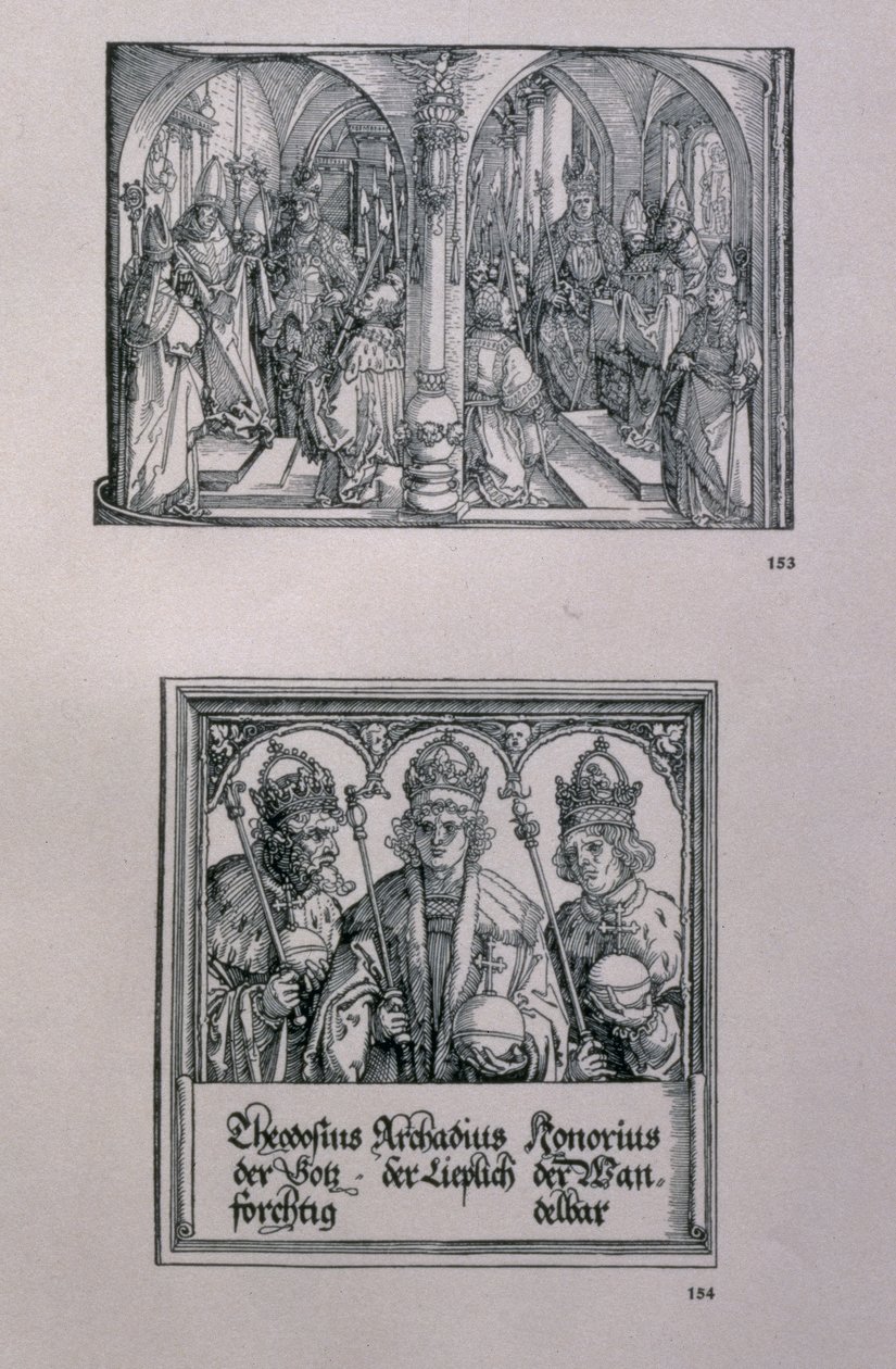 Kejsar Maximilians I:s triumfbåge (1459-1519): detalj som visar två paneler, (överst) en händelse i Maximilians liv och (nederst) den romerske kejsaren Theodosius I, den store (ca 346-395) och hans t. av Albrecht Dürer