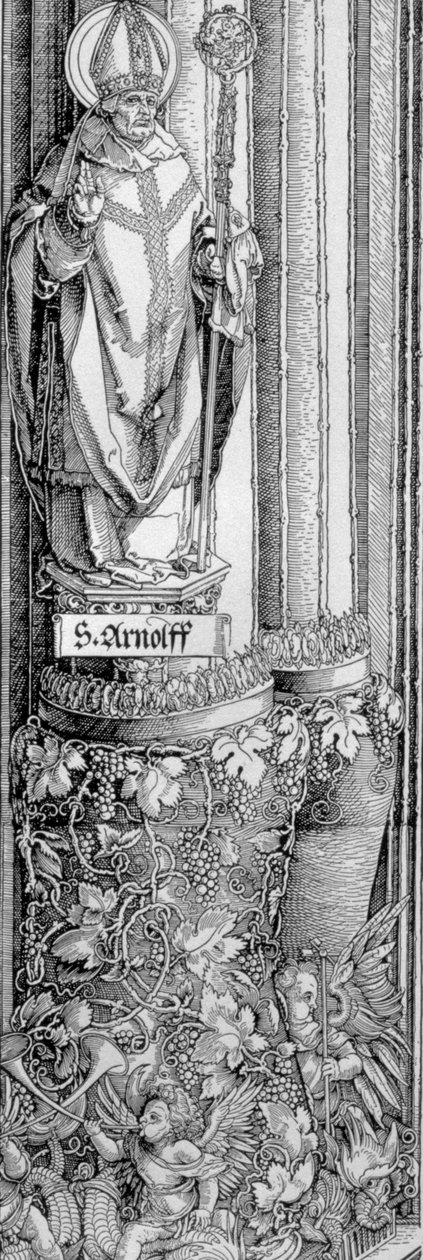 Triumfbågen av kejsar Maximilian I av Tyskland (1459-1519): detalj av kolonnen från vänster port som visar statyn av St. Arnulf (d.643) med en vinranka nedanför och keruber som blåser i trumpeter, pub. av Albrecht Dürer