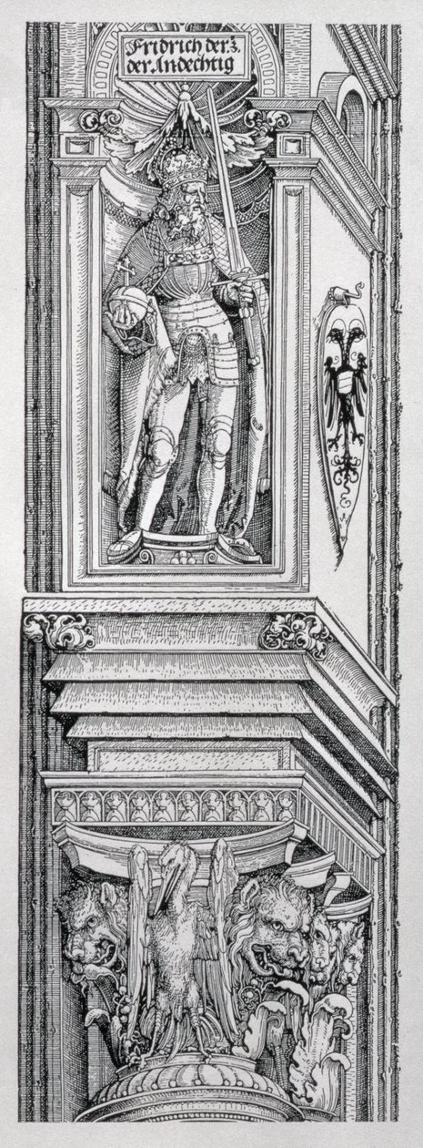 Triumfbågen av kejsar Maximilian I av Tyskland (1459-1519): detalj av dekorativt schema för centralsektionen som visar en staty av Fredrik III av Tyskland (1415-93), kejsar Maximils far av Albrecht Dürer
