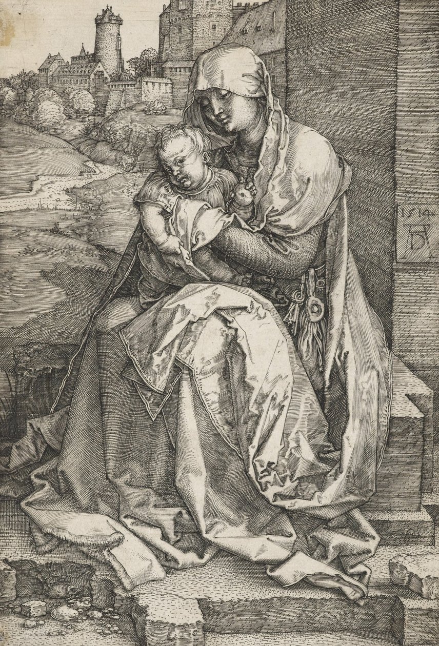Jungfrun som sitter vid en vägg av Albrecht Dürer