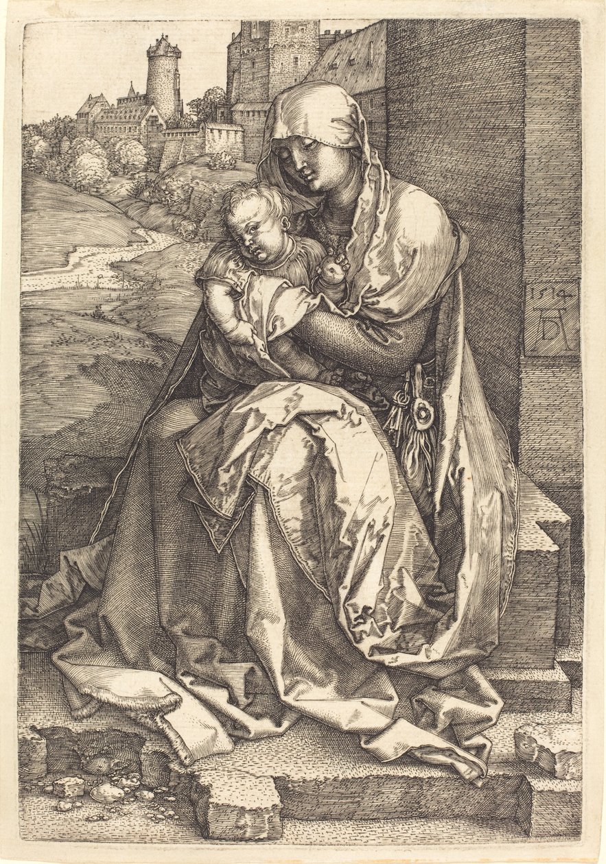 Virgin och barn sitter vid väggen av Albrecht Dürer