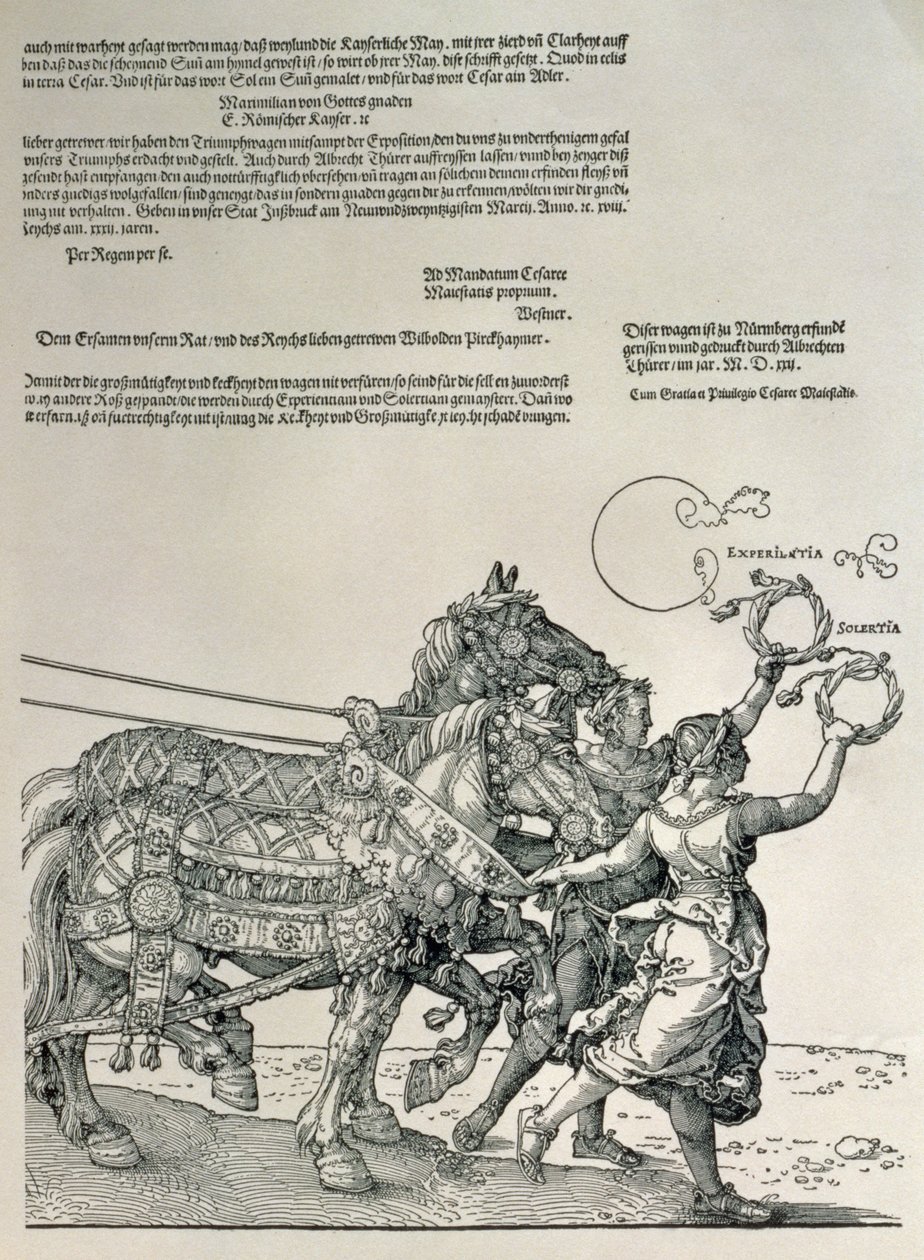 Triumfvagn av kejsar Maximilian I, kejsare av Tyskland (1459-1519): detalj av hästlagen, guidad av två dygder, flit och strävan, pub. c.1518 av Albrecht Dürer