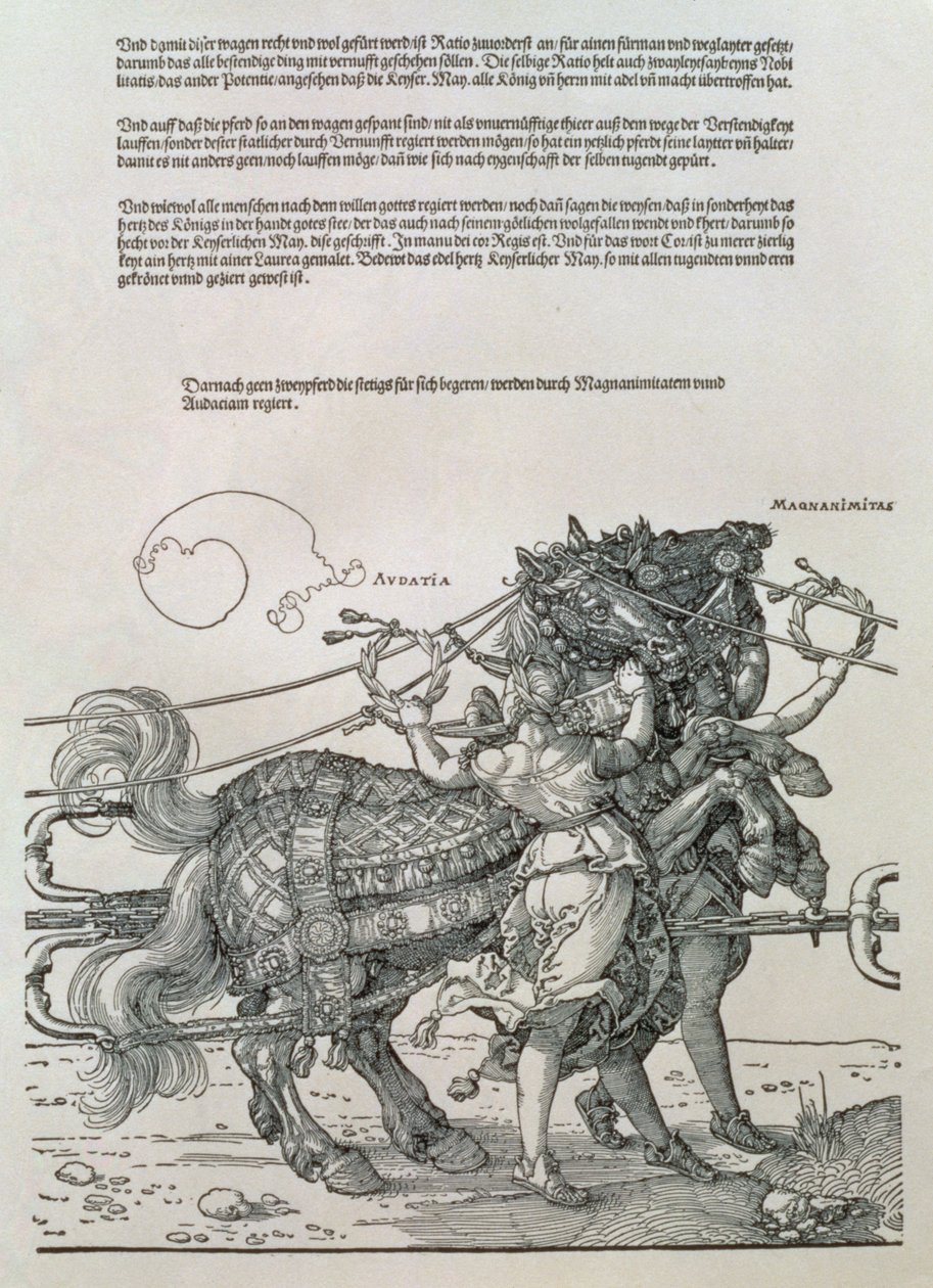 Triumfvagn av kejsar Maximilian I av Tyskland (1459-1519): detalj av hästlagen, vägledd av två dygder, storsinthet och djärvhet av Albrecht Dürer