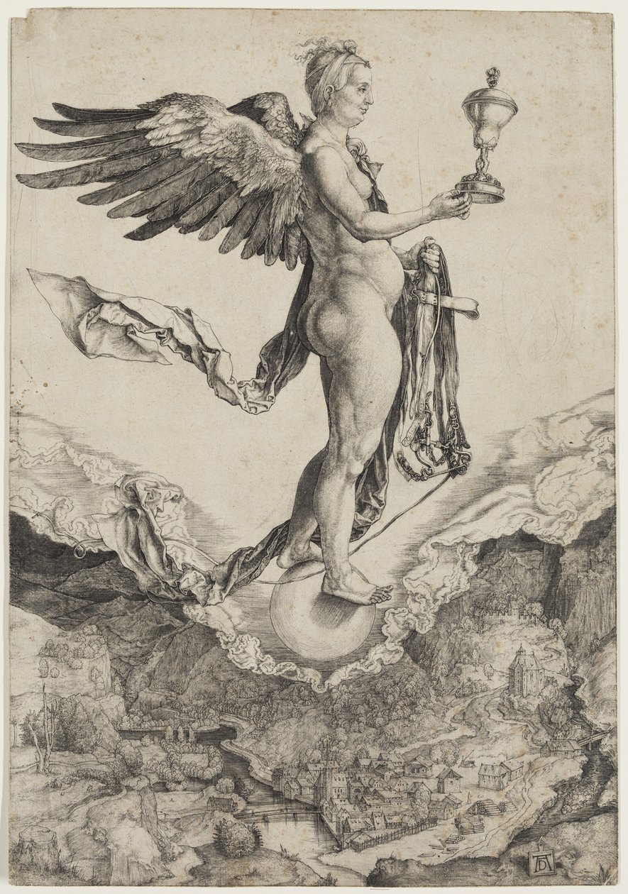 Nemesis, mellan 1501 och 1502 (gravyr tryckt med svart bläck på lagt papper) av Albrecht Dürer