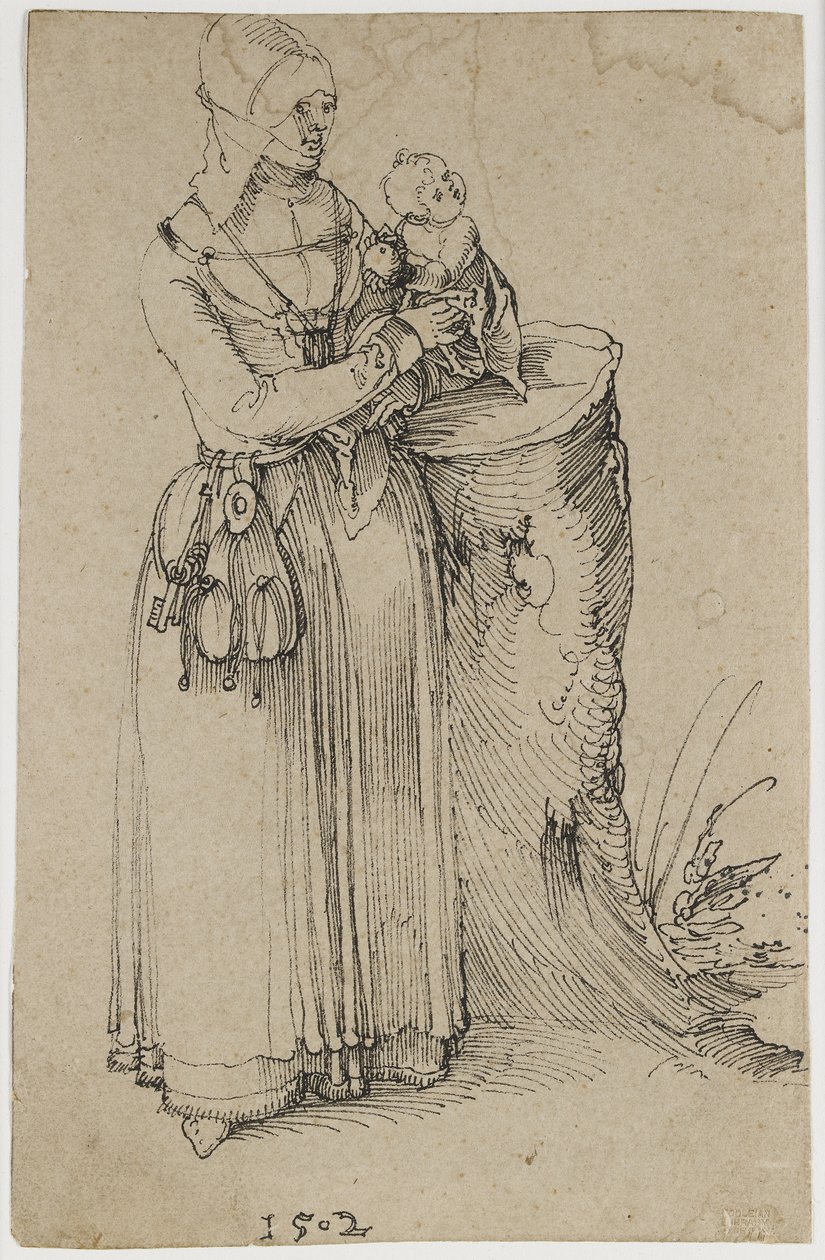 Stående figur av en kvinna som håller ett barn, 1502 (penna och bläck på missfärgat brunaktigt papper) av Albrecht Dürer