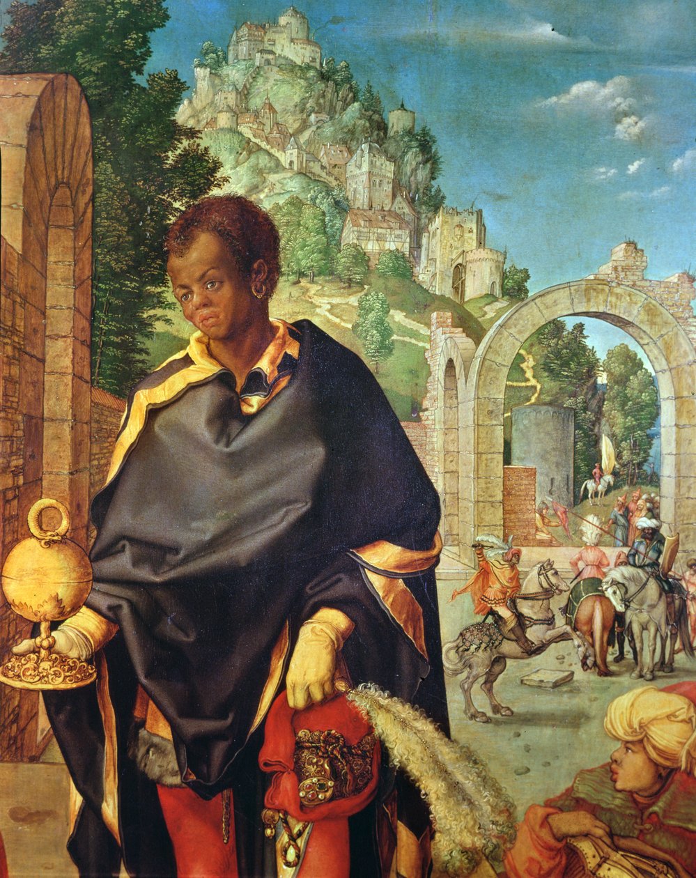 De vise kungarnas tillbedjan detalj av Balthazar, 1504 olja på panel av Albrecht Dürer