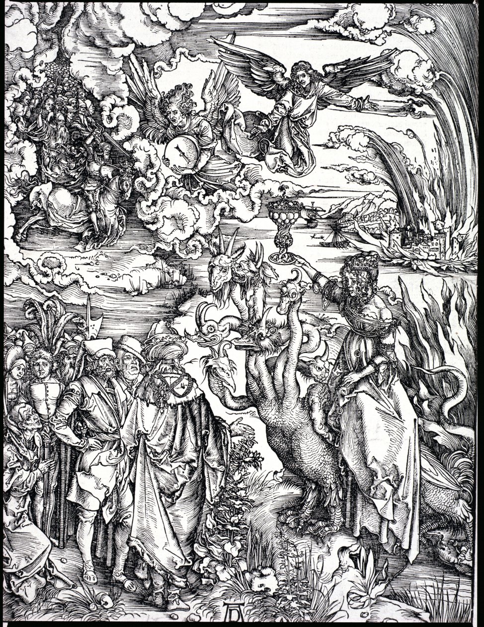 Uppenbarelsen av Johannes den gudomlige eller Apokalypsen (bw gravyr) av Albrecht Dürer