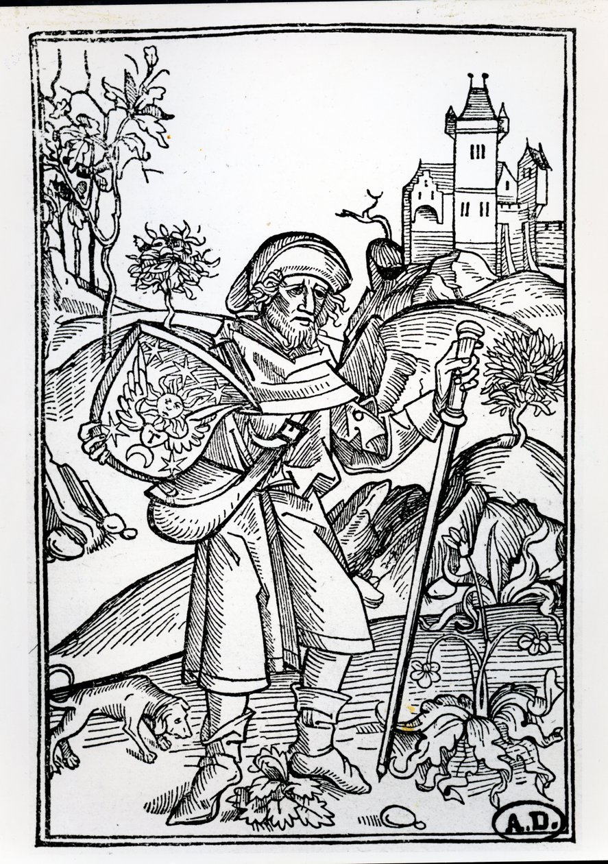 Pilgrimen med sin hund framför ett slott, frontispiceillustration av den andra delen av Johannes Gersons opera, publicerad i Basel, 1489 av Albrecht Dürer