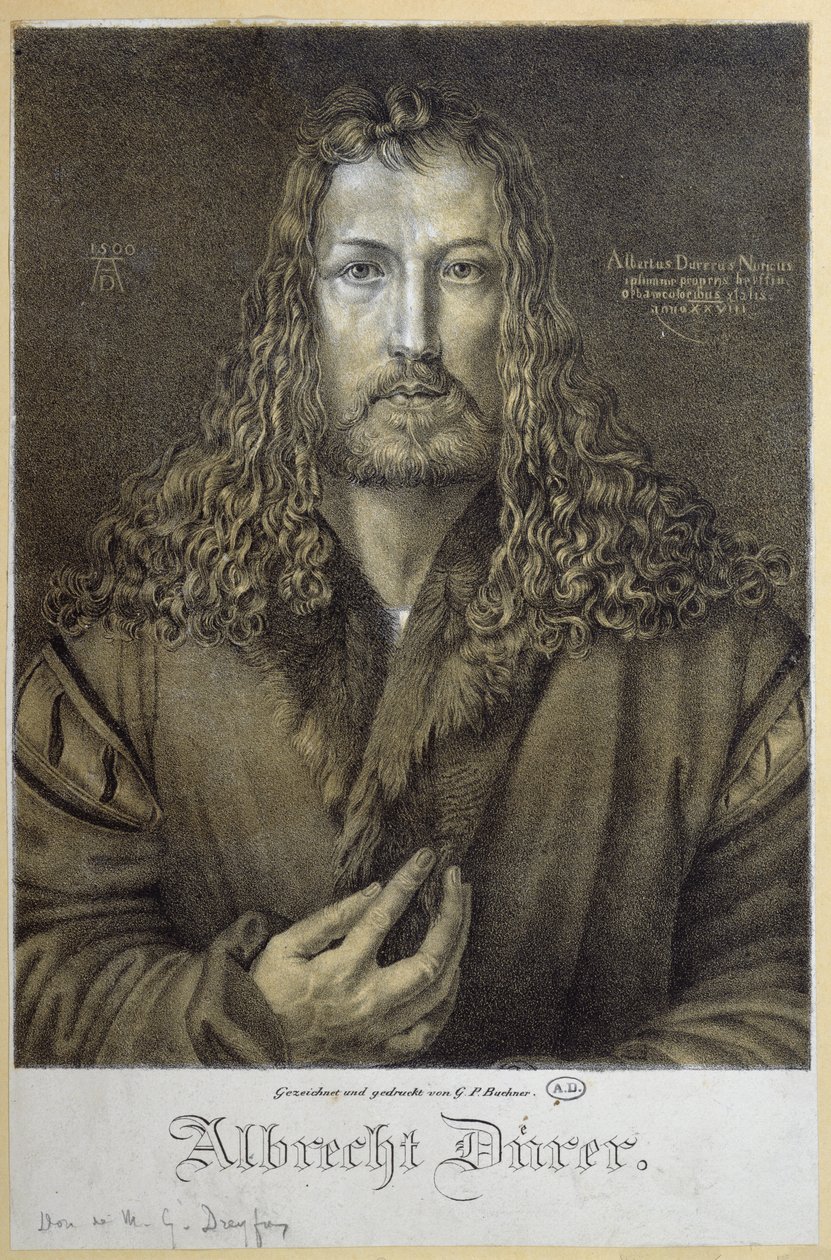Självporträtt 28 år 1500, graverad av G. P. Buchner av Albrecht Dürer