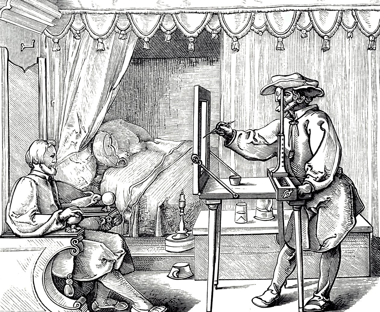 En träsnittsgravyr som föreställer en konstnär som använder ett rithjälpmedel för att få proportionerna på ett porträtt korrekt. Gravyr av Albrecht Dürer (1471-1528), en tysk målare, grafiker och teoretiker från renässansen av Albrecht (after) Durer or Duerer