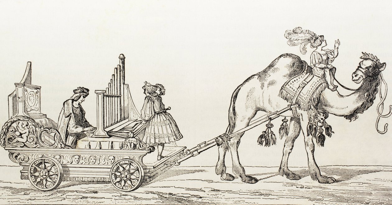 Organisten Paul Hoffaner spelar i en vagn dragen av en kamel, ca 1880 (gravyr) av Albrecht (after) Durer or Duerer