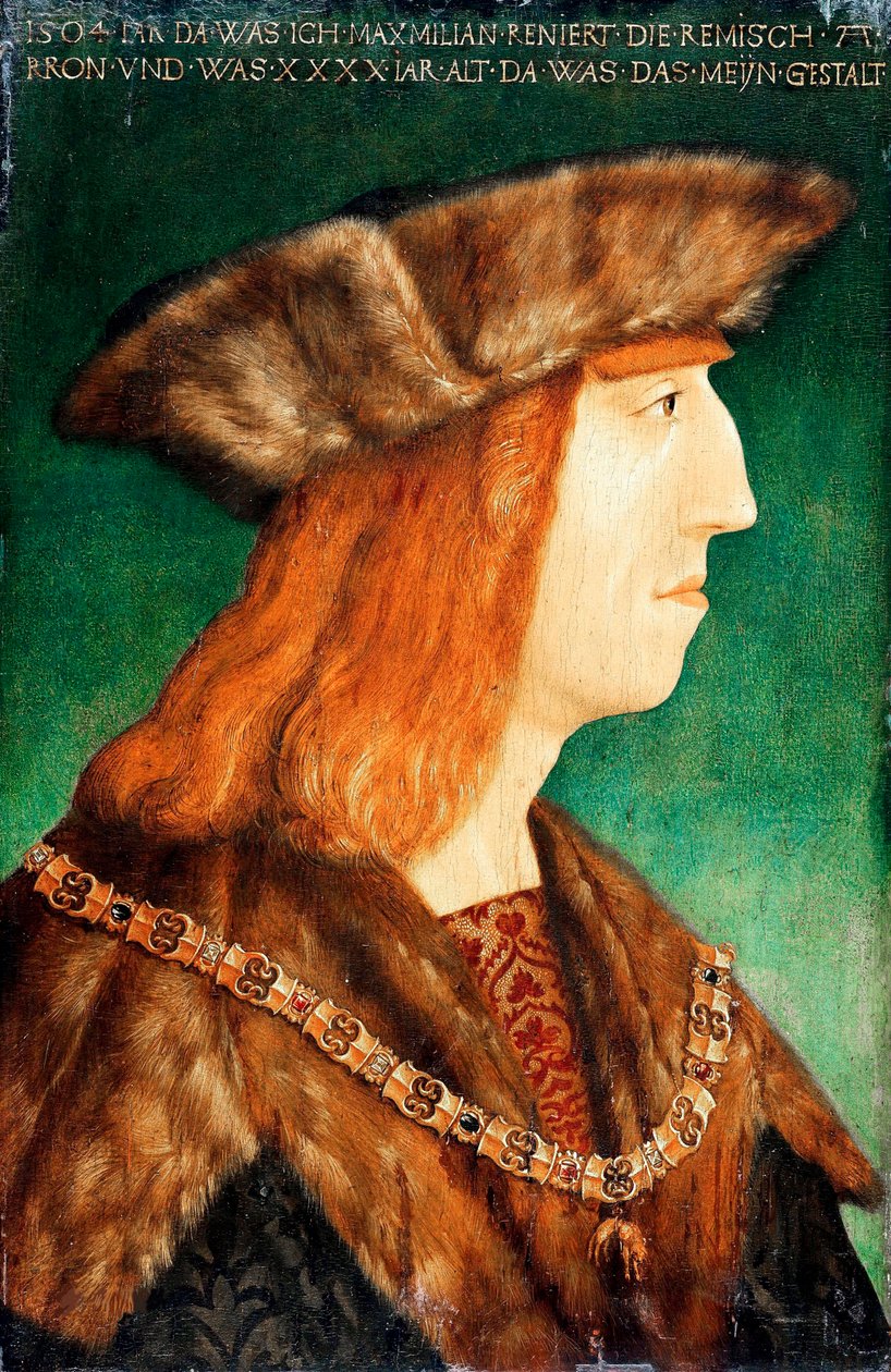 ""Porträtt av kejsar Maximilian I av Habsburg (1459-1519), den heliga romerske kejsaren"" Målning från Albrecht Durer (1471-1528), efter 1504 - Olja på trä, 54,6x36,1 - Staatliche Museen, Berlin av Albrecht (follower of) Durer or Duerer