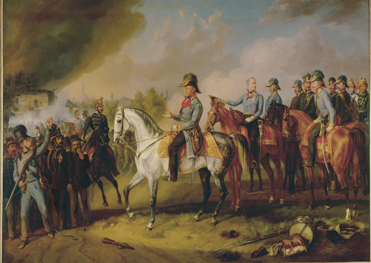 Fältmarskalk Johann Joseph Wenzel Radetzky och hans generalstab före Milano ... (målning på duk) av Albrecht Adam