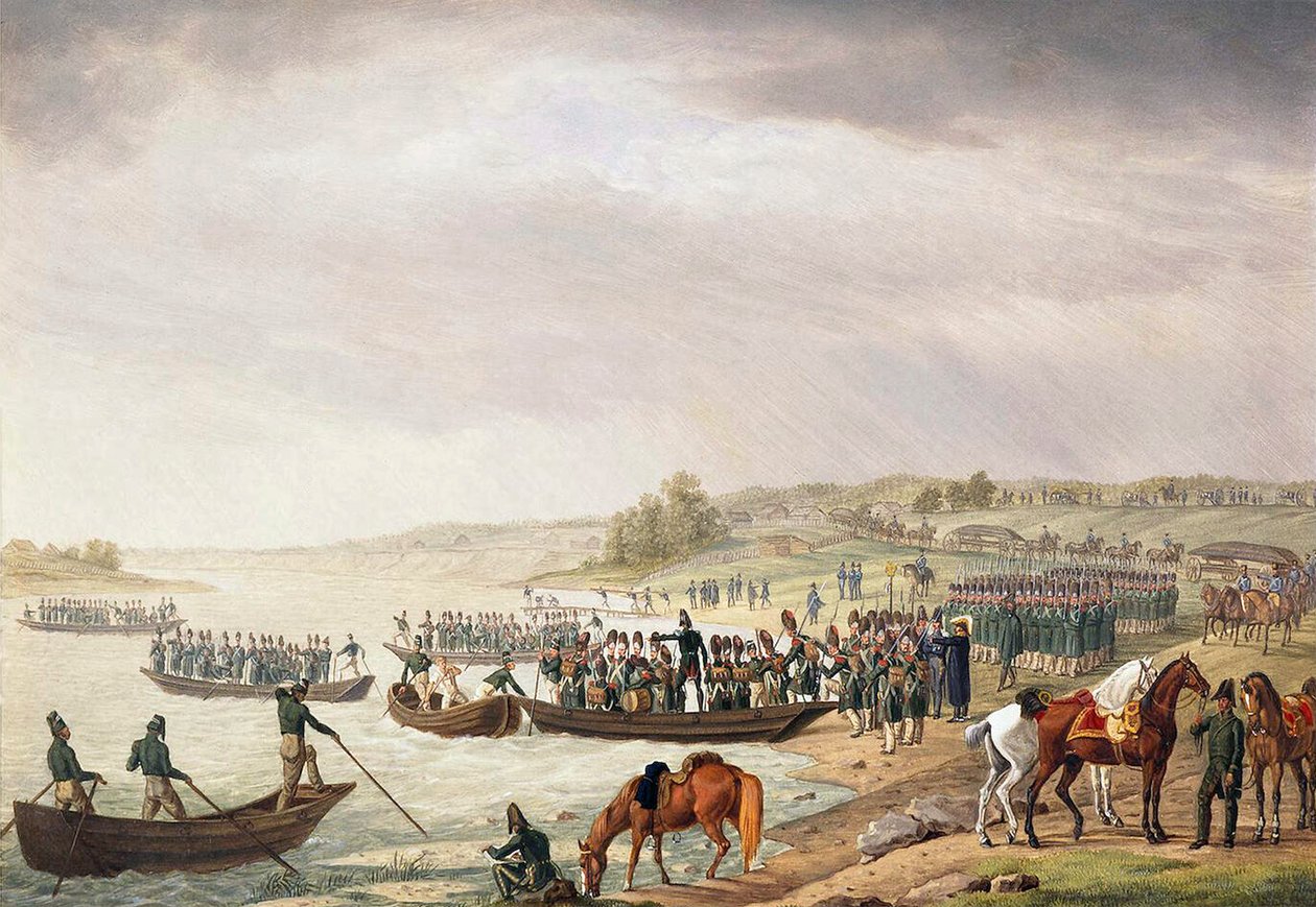 Den italienska kåren Eugene de Beauharnais korsar Niemen den 30 juni 1812, 1815. av Albrecht Adam