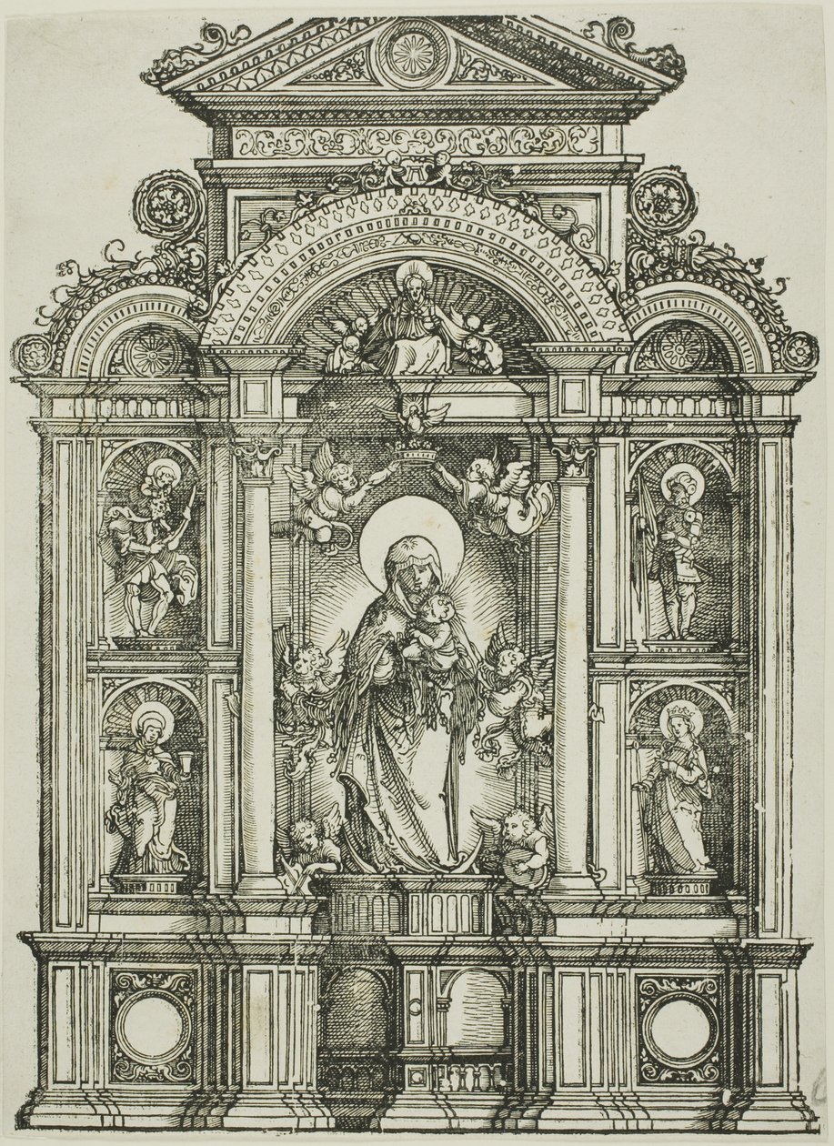 Altartavla med den vackra jungfrun av Regensburg och de heliga Kristoffer, Maria Magdalena, Florian och Katarina stående i nischer, med Gud Fader ovanför av Albrecht Altdorfer