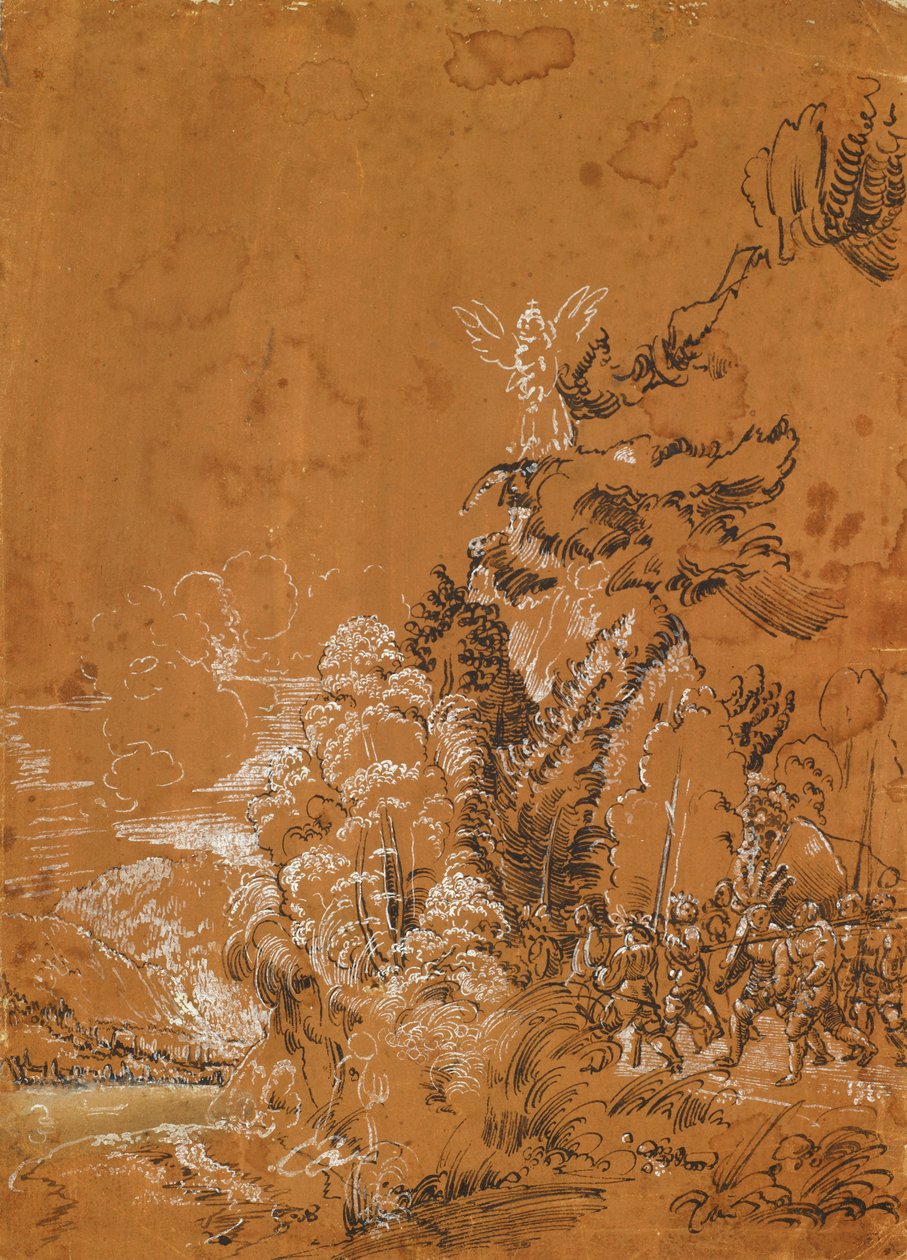 Skogslandskap med änglar och legosoldater av Albrecht Altdorfer