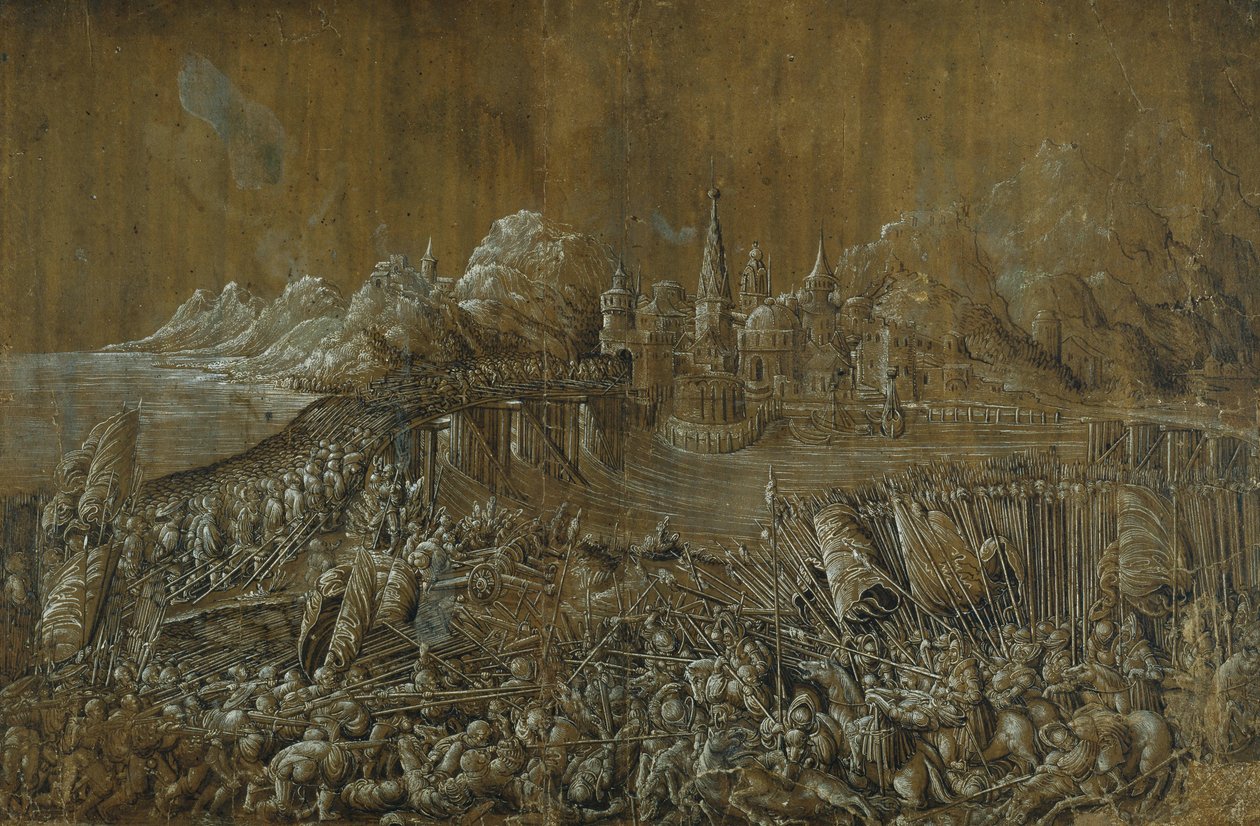 Landaknechten, Battle on a Bridge (penna och bläck med gouache på papper) av Albrecht Altdorfer