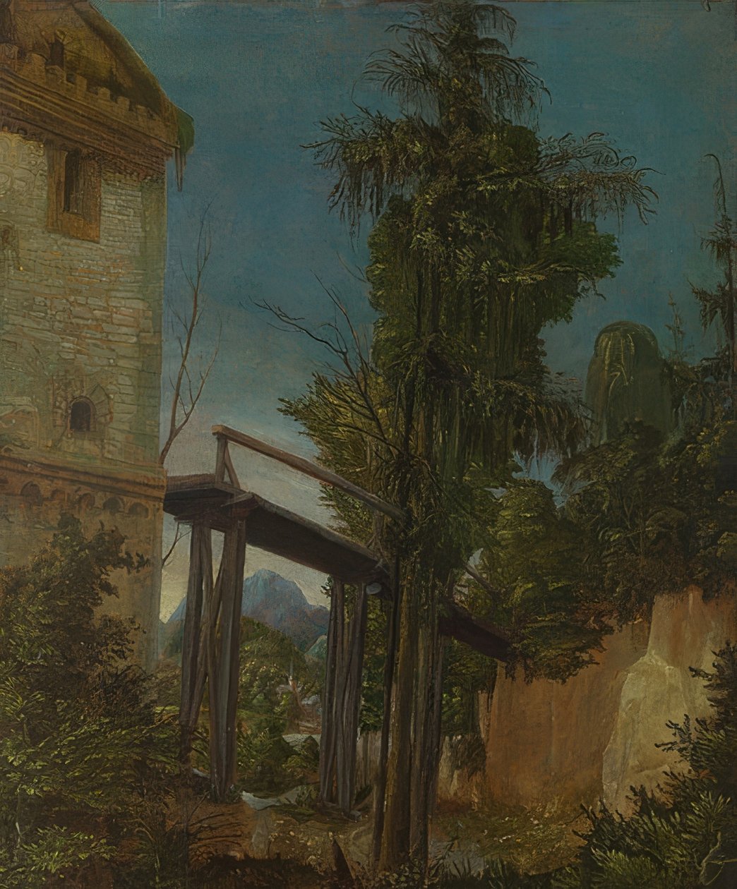 Landskap med en gångbro. Omkring 1518-20 av Albrecht Altdorfer