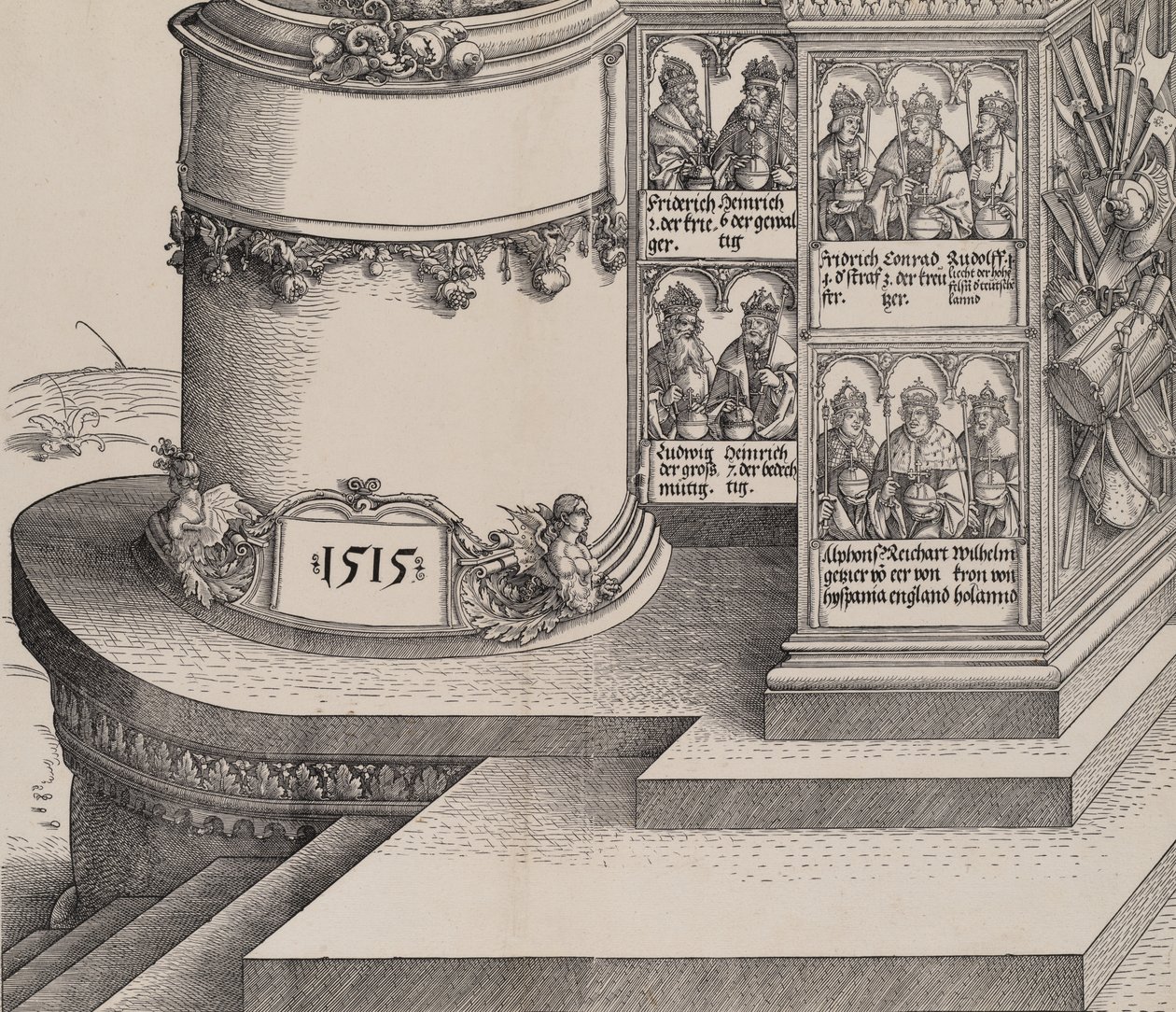 Porträtt av Maximilians släktingar och basen av den vänstra yttre kolumnen med datum 1..., 1515. av Albrecht Altdorfer