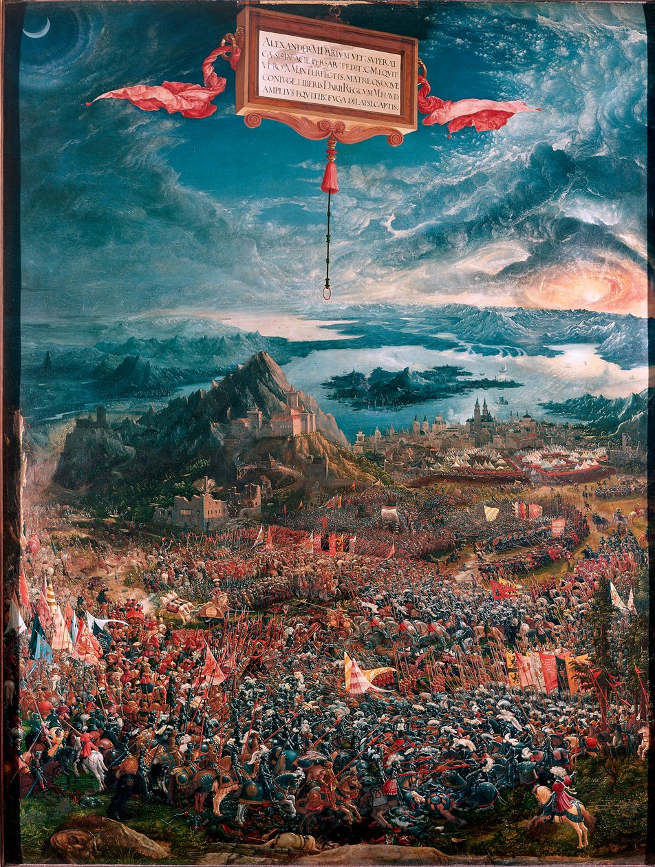 Slaget vid Issos (eller Issos) vunnet av Alexander den Store 333 f.Kr. Målning av Albrecht Altdorfer (1480-1538) 1529 Dim 158x120 cm München, Alte Pinakothek - Slaget vid Isses (333 f.Kr.) - Målning av Albrecht Altdorfer (1480) 1538), olja på trä av Albrecht Altdorfer