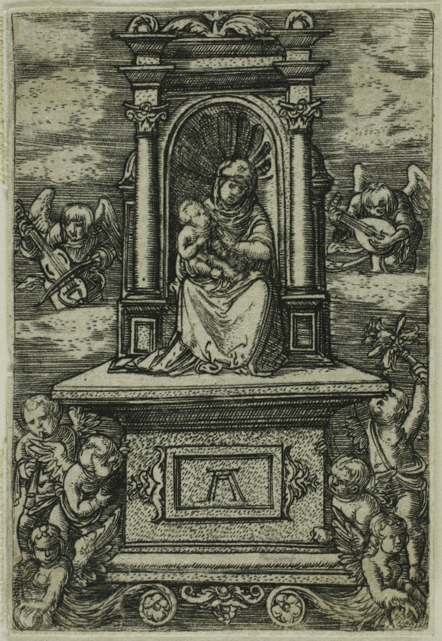 "Den vackra jungfrun av Regensburg" med barnet på en tron, omgiven av änglar med musikinstrument av Albrecht Altdorfer