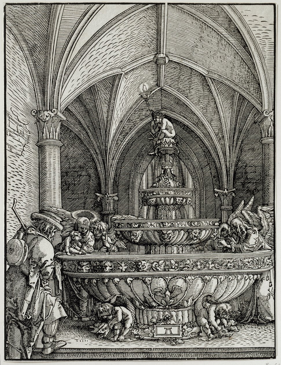Den heliga familjen har fontänen. Gravyr av tysken Albrecht Altdorfer (1480-1538). Louvren av Albrecht Altdorfer